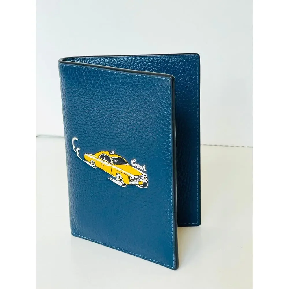 Coach Deep Teal Leather Passport Wallet with Yellow Car Graphic